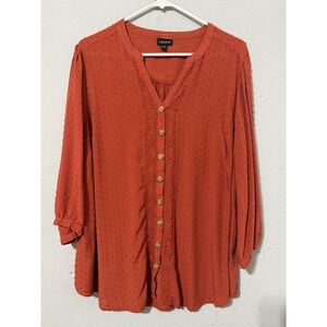 Torrid Blouse 2 2X Rust Orange Swiss Dot Button Front Blouse 3/4 Sleeve Boho